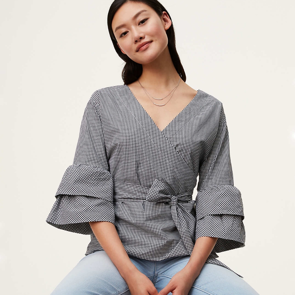 Loft Gingham Pattern Wrap Blouse